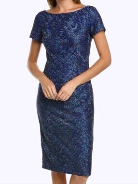 JS Collections Blue Metallic Jacquard Floral Damask Sheath Dress V-Back Midi 10